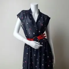 ヴィンテージ ワンピース シアー オープンカラー 総柄 パターン柄 黒 レトロ