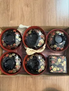 紅葉装飾の蓋付き漆器6個セット　お祝いの席やご飲食店さまの器にも◎