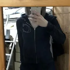 黒 フルジップパーカー ロゴ 短丈 平成ギャル グランジ y2k ラメ きらきら