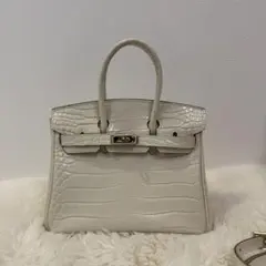 ホワイト クロコ型押し ハンドバッグ 本革