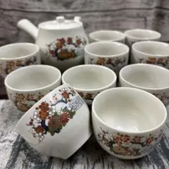 九谷焼き　陶器製急須と　湯飲み10個セット　古典柄　昭和レトロ　梅　菊　お正月