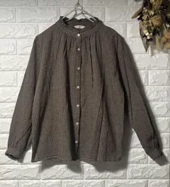 studio CLIP 襟フリルスタンドブラウス チェック柄 長袖 Mサイズ