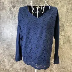 ✨ハッシュアッシュ✨切り替えカットソー♡長袖♡花柄レース♡ネイビー(2)