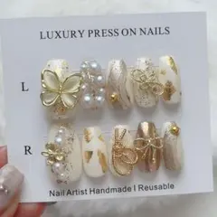 ネイルチップ 振袖 成人式 前撮り蝶々 水引 ゴールド 白 オーダー