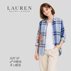 美品　ラルフローレン　リネン100　総柄　チェック　油絵風　花柄　長袖　シャツ