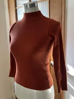 オレンジブラウン★リブ編み ハイネック セーター★レディース
