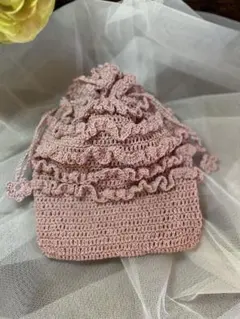 フリル付きピンク巾着袋
