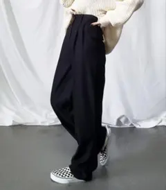 太ベルトハイウエストウールライクカラータックスラックス