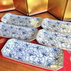 【未使用品】たち吉　橘吉　古都唐草　焼き物皿　5客セット　長角皿