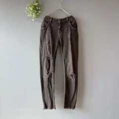 ザラ［S］美品◎大人クール◎ダメージ×色落ち加工◎裾フリンジ◎スキニーデニム