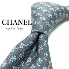 ★【極美品】 CHANEL 領帶 小紋圖案 灰色 意大利製造 附鏈條
