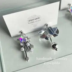 再販【No.218】ハンドメイドピアスイヤリング、流れ星、シルバースター、アシメ