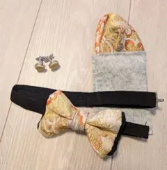 蝶ネクタイ ポケットチーフ カフス ボタン3点セット【帯でリメイク】