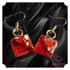 NAHITA ハンドメイド ピアス スクエア レジン レッド イヤリング