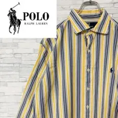 90s ポロラルフローレン 長袖シャツ ワンポイント刺繍ロゴ ストライプ L