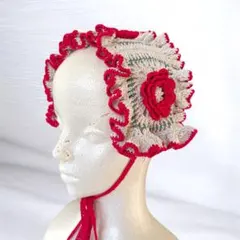 レース編みの赤いお花のロリータフリルヘッドドレス