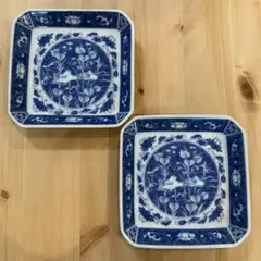 A2G28■ 深川製磁 染付おしどり 角皿 2枚組 鴛鴦