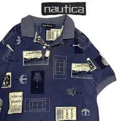 90's NAUTICA 総柄 テニスデザイン 半袖ポロシャツ ブルーのサムネイル