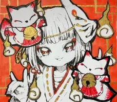 手描き イラスト 原画 アナログ 一点物 創作 色紙 女の子 狐 萌え絵