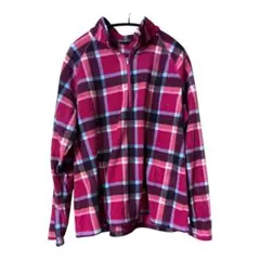 フリースジャケット 赤系チェック柄 ハーフジップ　【3L】　古着　レディース