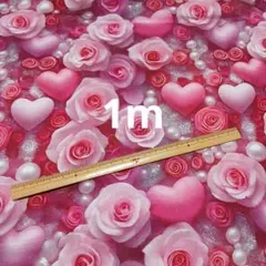 薔薇＆ハート柄生地1m(濃ピンク)