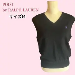 ポロラルフローレン メリノウール100% ニットベストVネック 黒 ロゴ刺繍