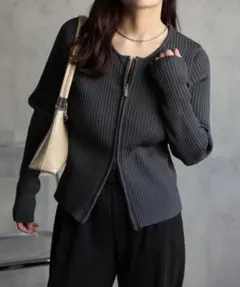 ダークグレー リブ編み 長袖カーディガン