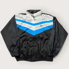 90s PUMA ナイロンジャケット マルチカラー 刺繍ロゴ ブラックブルー