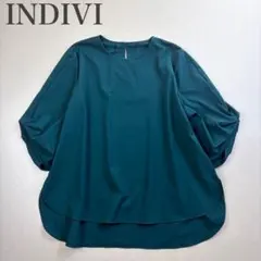インディヴィ 美品 タイプライター 折り紙タック 七分袖ブラウス 前後差 ワイド