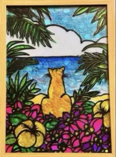 沖縄海猫開運金運ステンドグラスガラス絵の具イラストアート龍富士山風景画壁掛け