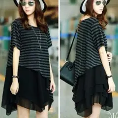 大きいサイズ☆ふんわりラメボーダー☆アシンメトリーワンピース