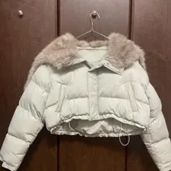 ファー付きショートダウンジャケット　S ミントグリーン　グレーファー