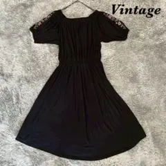 Vintage ヴィンテージ ロングフレアワンピース 半袖 裏地なし 花柄刺繍