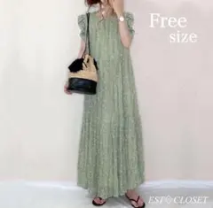 フリル袖　ノースリーブ ロングワンピース　花柄 　体型カバー　オーバーサイズ