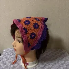 かぎ編みバブーシュカオレンジ 紫ピンク