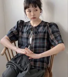 チェック柄 パフスリーブ 半袖 ブラウス