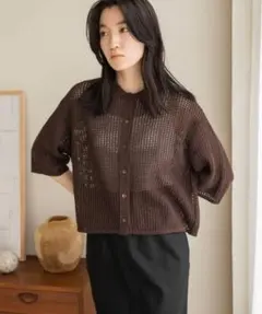 LOWRYSFARM ブラウンメッシュ編みカーディガン Fサイズ