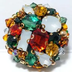 ビーズ刺繍　オレンジ緑　㉗ミリ　ヘアゴム・ブローチ　くるみボタン