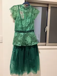 総レース ペプラム パーティードレス グリーン