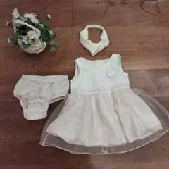 ホワイトピンクレースワンピースセット(80cm)パンツ＆ヘア―バンド付