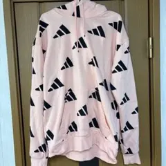 【美品】　adidas 総ロゴプリント パーカー ピンク　裏起毛