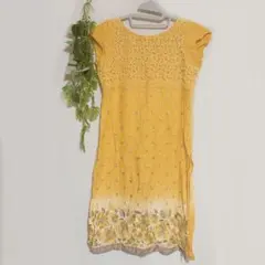 ワンピース ラウンドネック フレンチスリーブ 花柄 M 黄 綿 リゾート