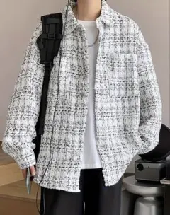 ホワイト系チェック柄カジュアルシャツジャケット 2XL