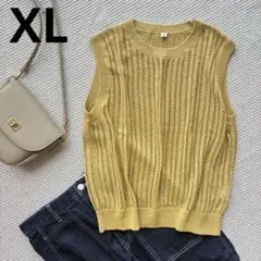 美品◎ UNIQLO からし色 リネン混 メッシュニットベスト XL 透かし編みのサムネイル