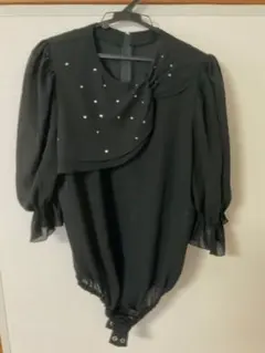 黒 ビジュー付き フリル袖 トップス  クロッチボタン付き 社交ダンス