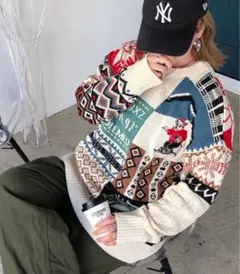 くま刺しゅうノルディック柄ニット