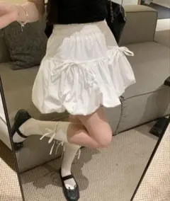 sibraインナーパンツ付き フロントリボンバルーンナイロンフレアミニスカート