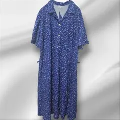 【訳あり】ヴィンテージ風 ドット柄 ロングワンピース 半袖 レトロ ポップ 紺