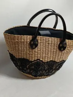 美品TOPKAPIトプカピ黒のレース装飾付きかごバッグ