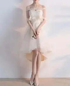 オフショルダー レース パーティードレス ホワイト